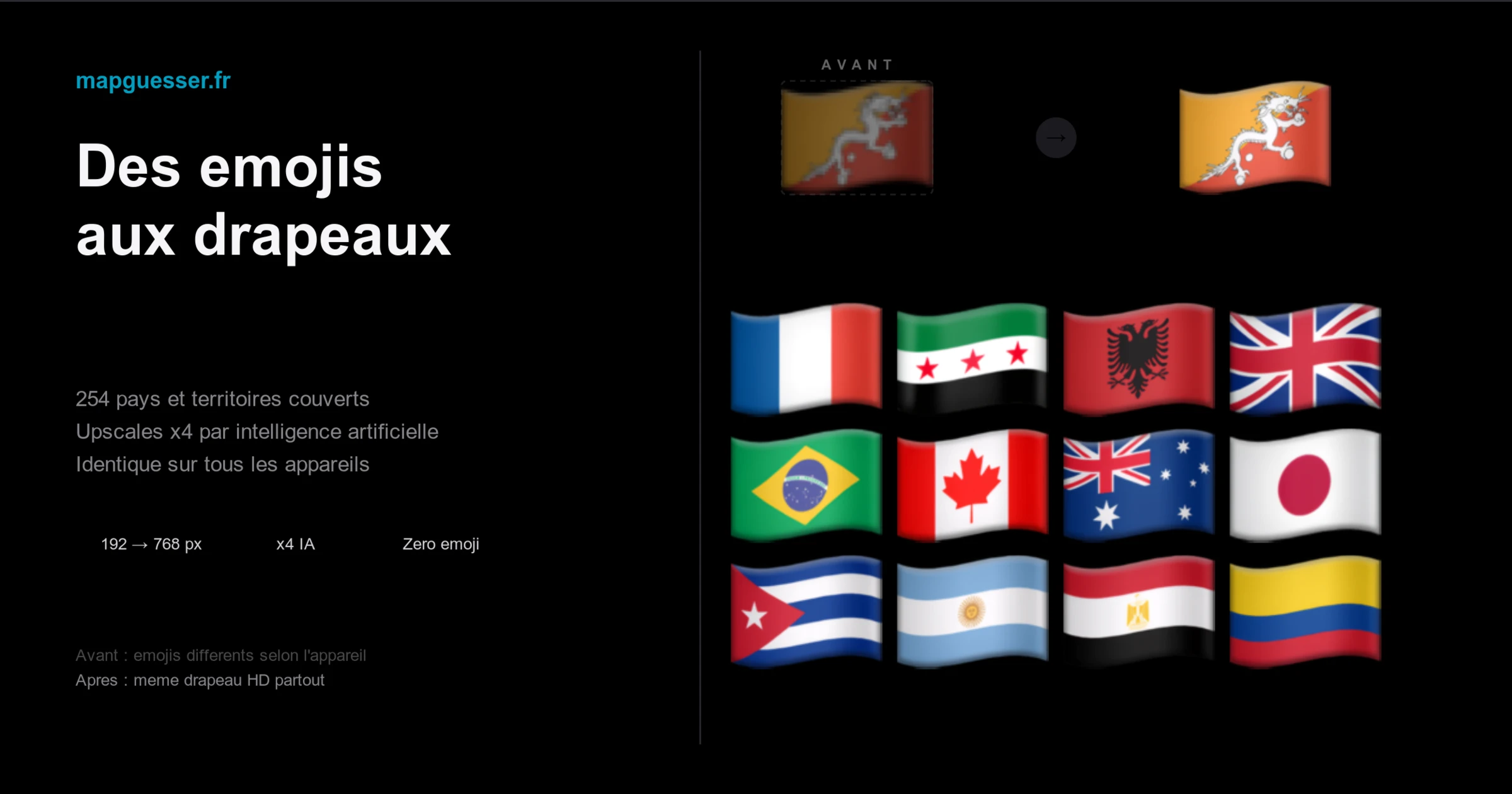 Avant/après : emoji drapeau pixelisé vs drapeau HD style Apple sur MapGuesser